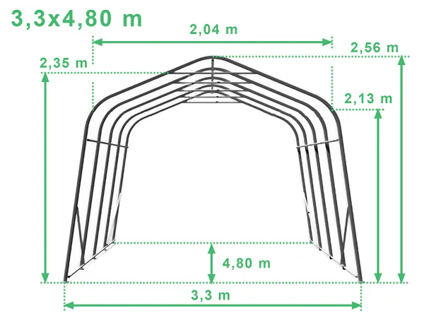 A 3,3x4,8 m-es PVC 720HD mobilgarázs szerkezeti méretei