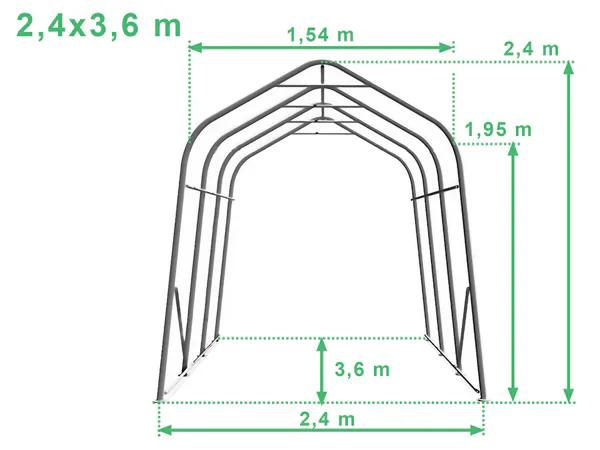 A 2,4x3,6 m-es PVC 720HD mobilgarázs szerkezeti méretei